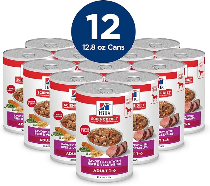 Hill's Science Diet Adult 1-6, Adult 1-6 Premium Nutrition, Wet Dog Food, Beef & Vegetables Stew, 12.8 oz Can, Case of 12