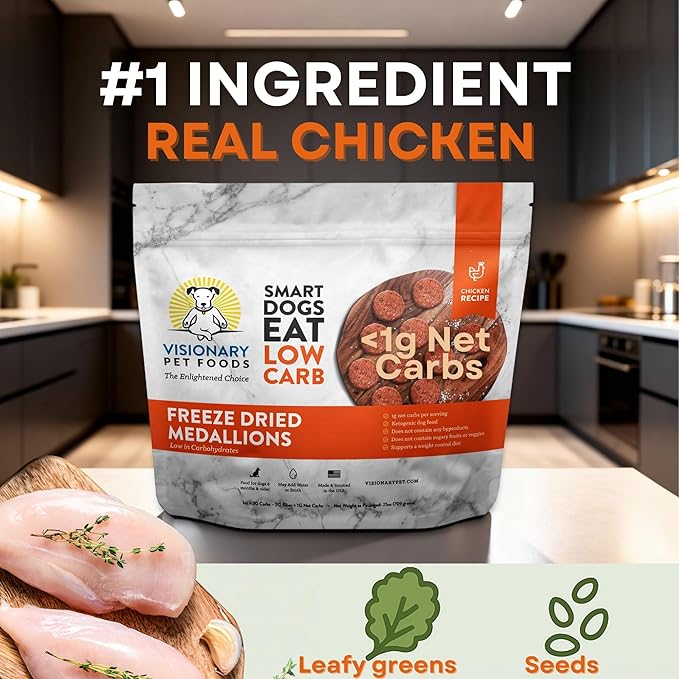 Visionary Pet Foods Low Carb Keto Dry Dog Food – Freeze Dried Raw Real Chicken, <1g Net Carbs Per Cup, Grain Free, Diabetic Friendly, High Protein Natural Dog Food, Made in USA, 25 oz