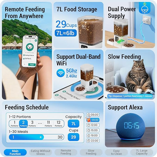 5G WiFi Automatic Cat Feeder 2 Cats: Dual Automatic Dog Feeder with APP Control, Cat Food Dispenser for Multiple Pets, Detachable for Easy Clean, 7L Large Food Storage -29 Cup (ACF190W-C)