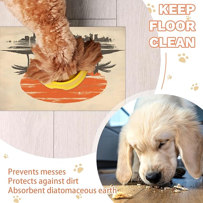 Hawaiian Sunset Dog Food Mat for Floors Absorbent, Quick Dry Water Dispenser Mat for Food, Water, Pet Supplies 12" x 20", Palm Tree