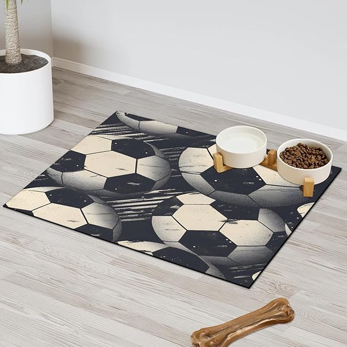 Soccer Dog Food Mat for Floors Absorbent, Quick Dry Water Dispenser Mat for Food, Water, Pet Supplies 17" x 30", Football