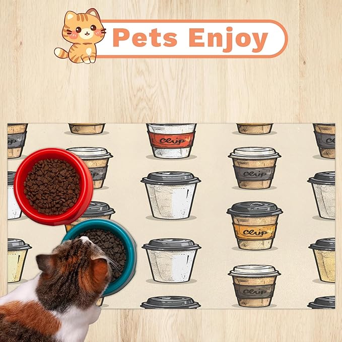 Vintage Coffee Dog Food Mat for Floors Absorbent Dog Bowl Mat for Food and Water Dispenser Quick Dry Cat Food Placemat Pet Supplies 12" x 20", Coffee Theme
