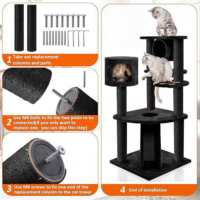 8 Pcs M8 Cat Scratching Post Replacement 15.7x3.1'' Sisal Pole Cat Tree Climbing Post Replacement with Screw Refill Scratcher Pole, Indoor Kitten Tree Tower Spare Furniture Protector (Black)
