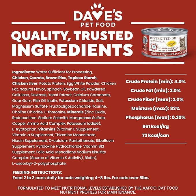 Dave's Pet Food Cat Kidney Support (Chicken & Vegetable Stew) - Low Phosphorus & Low Protein Wet Canned Cat Food for Renal Health - No Prescription Needed - 3 oz (Case of 12)