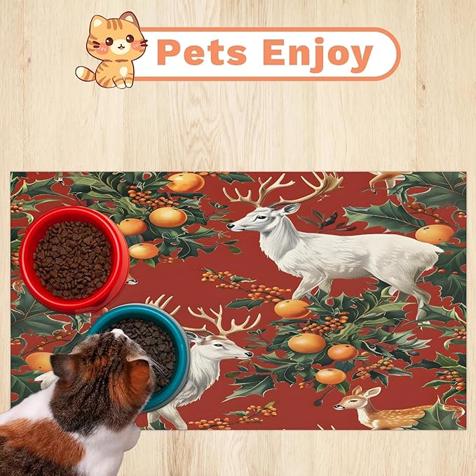 Christmas Deer Dog Food Mat for Floors Absorbent, Quick Dry Water Dispenser Mat for Food, Water, Pet Supplies 17" x 30", Holly Xmas