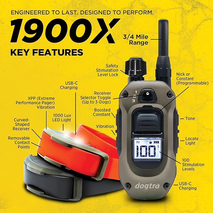 Dogtra 1900X 2-Dogs E-Collar with Remote [New Edition] 35 lbs+, 3/4 Mile Range, LED Light, 100 Levels Control for Stubborn Dogs, Waterproof, Boost for Quick Recall, Vibration, Safety Lock & Tone