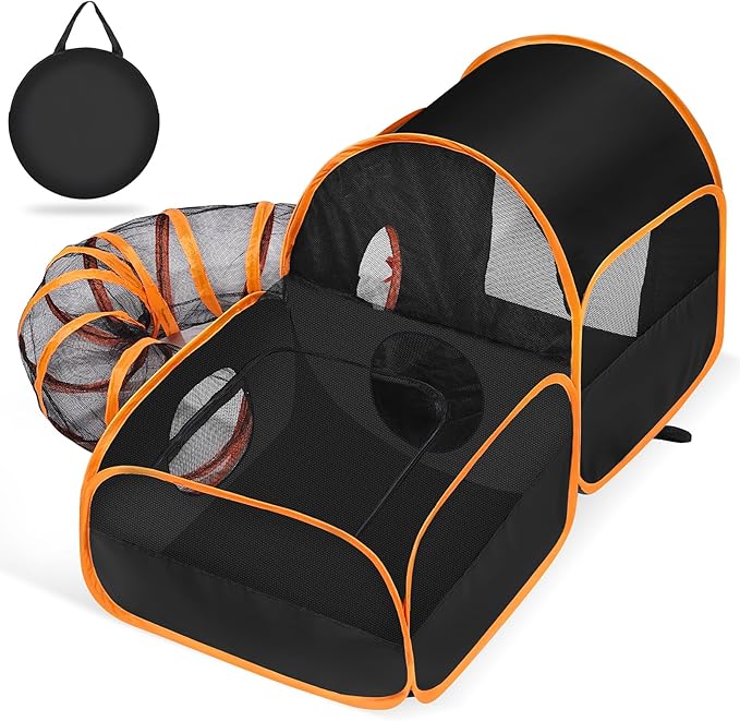Portable Cat Playpen with Surround Tunnel, 2-Linked-Enclosed Areas, Ideal Cat Tent Outdoor or Cat Playpen for Indoor Cats Enclosed.Breathable Mesh Design for Indoor & Outdoor Use(Black)
