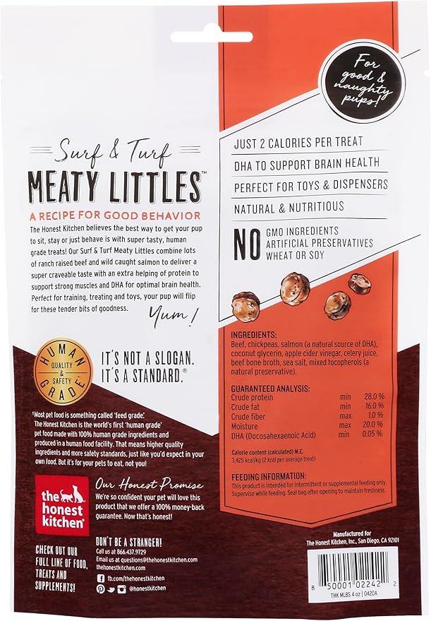 The Honest Kitchen Human Grade Surf & Turf Meaty Littles: Beef & Salmon Recipe, 4 oz Bag