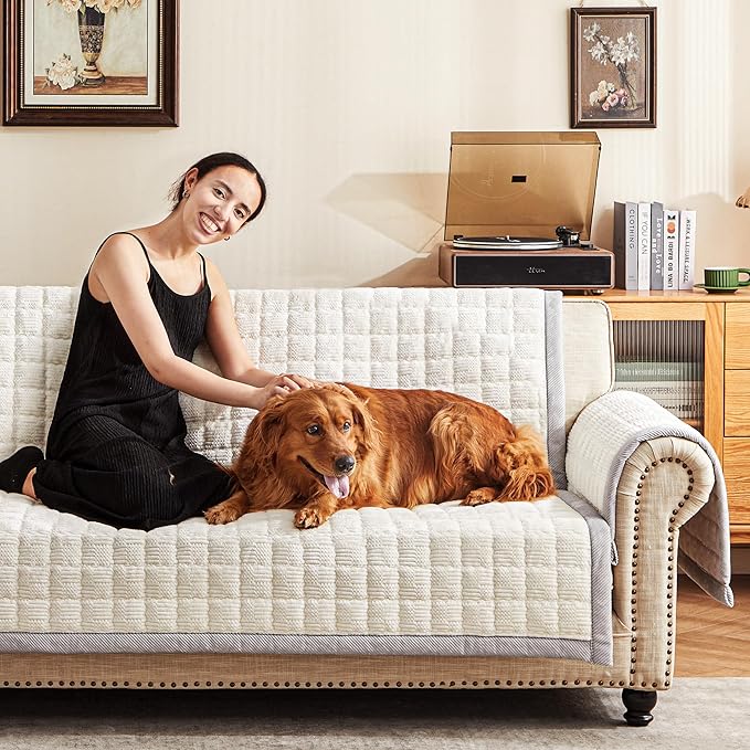 Couch Cover for Dogs Washable,Anti-Slip Back Cat Mat Pet Pad Blanket for Furniture Protector,Fuzzy Pet Sofa Cover for 3 Cushion Couch Sofa Pets Friendly (Ivory, 1pc/36"x80"/Seat Cover)