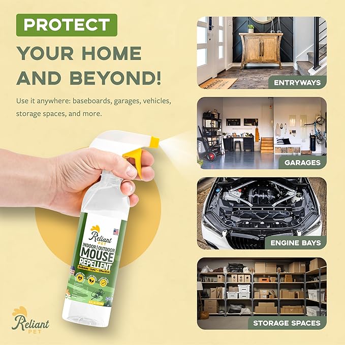 Peppermint Oil Mouse Repellent Spray 16oz - Natural Mice Deterrent for Indoor & Outdoor Use - Mouse Repellent Spray for Home, Car Engines, RV - Pet Safe Pest Control - Made in USA