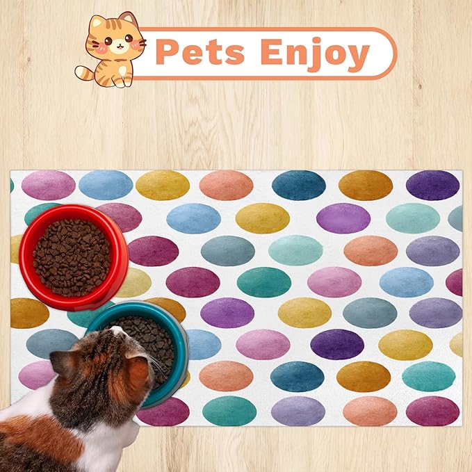 Polka Dots Dog Food Mat for Floors Absorbent Dog Bowl Mat for Food and Water Dispenser Quick Dry Cat Food Placemat Pet Supplies 24" x 32", Watercolor Rainbow