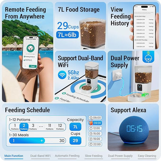 Automatic Cat Feeder with 5G WiFi: Automatic Dog Feeder with Slow Feed & Smart APP Control, 7L Timed Auto Cat Food Dispenser with Alexa for Pets, Detachable for Easy Cleaning - 29 Cups