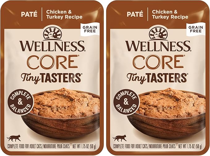 Wellness CORE Tiny Tasters Pate Adult Wet Cat Food,Natural,Protein-Rich,Grain Free,1.75 Ounce Pouch (Chicken & Turkey),(Pack of 24)
