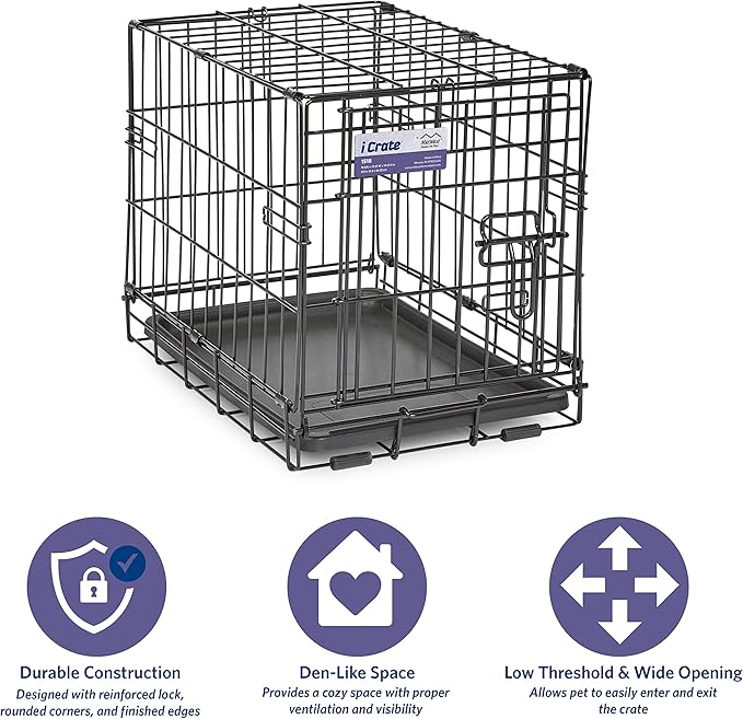 Midwest Homes for Pets 18-Inch iCrate for Tiny Breeds, Up to 10 lbs, Single Door Folding Dog Crate with Divider Panel, Leak-Proof Tray & Secure Latch, Portable, Durable & Easy to Assemble