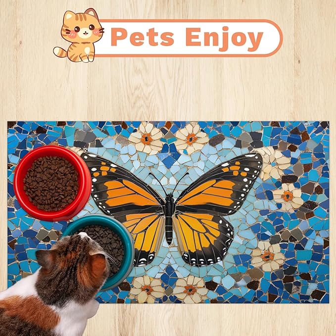 Butterfly Dog Food Mat for Floors Absorbent, Quick Dry Water Dispenser Mat for Food, Water, Pet Supplies 16" x 24", Colorful Floral