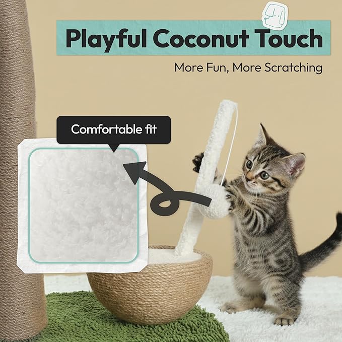 Cat Scratching Post 33 Inch Palm Tree with Hanging Balls and Coconut Straw Toy, Cat Scratcher for Indoor Kittens, Extra Stable Base, Paw-Friendly Jute Material M