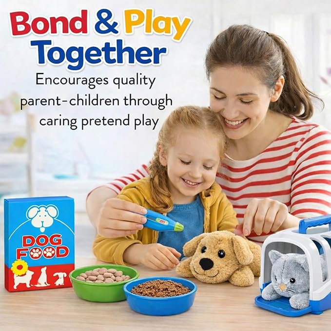 34-Piece Kids Pretend Vet Playset, Veterinarian Role Play Doctor Toy Kit with Plush Dog & Cat, Pet Care Grooming Set with Carrier & Medical Tools