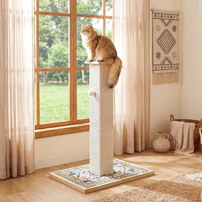 Tall Cat Scratching Post, 33" Boho Carpet Cat Scratcher with Perch for Indoor Cats, Large Base Sisal Scratch Post for Adults & Kittens with Dangling Ball Toy
