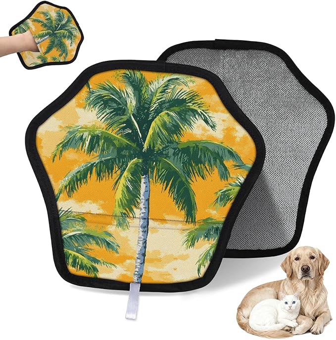 Reusable Pet Hair Removal Glove Palm Tree Themed Magic Brush for Cat & Dog Hair Remover for Car, Sofa, Bedding, Clothes - 9x9 Mitt Washable