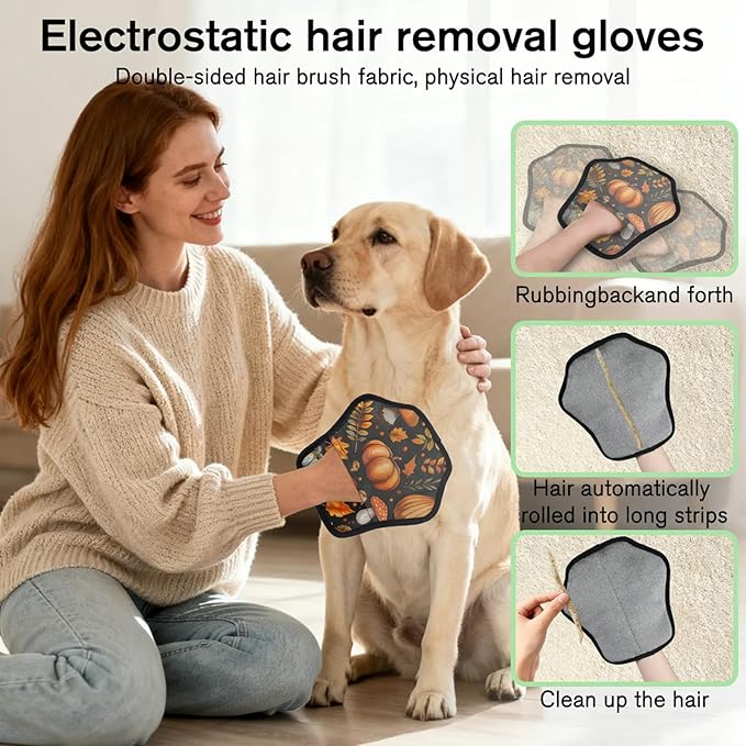 Reusable Pet Hair Removal Glove Pumpkin Mushroom Leaves Magic Brush for Cat & Dog Hair Remover for Car, Sofa, Bedding, Clothes - 9x9 Mitt Washable