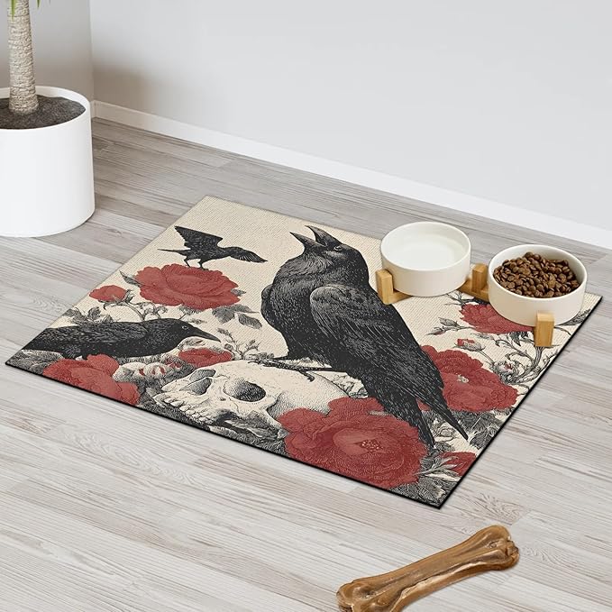 Halloween Crow Dog Food Mat for Floors Absorbent, Quick Dry Water Dispenser Mat for Food, Water, Pet Supplies 17" x 30", Skull Floral