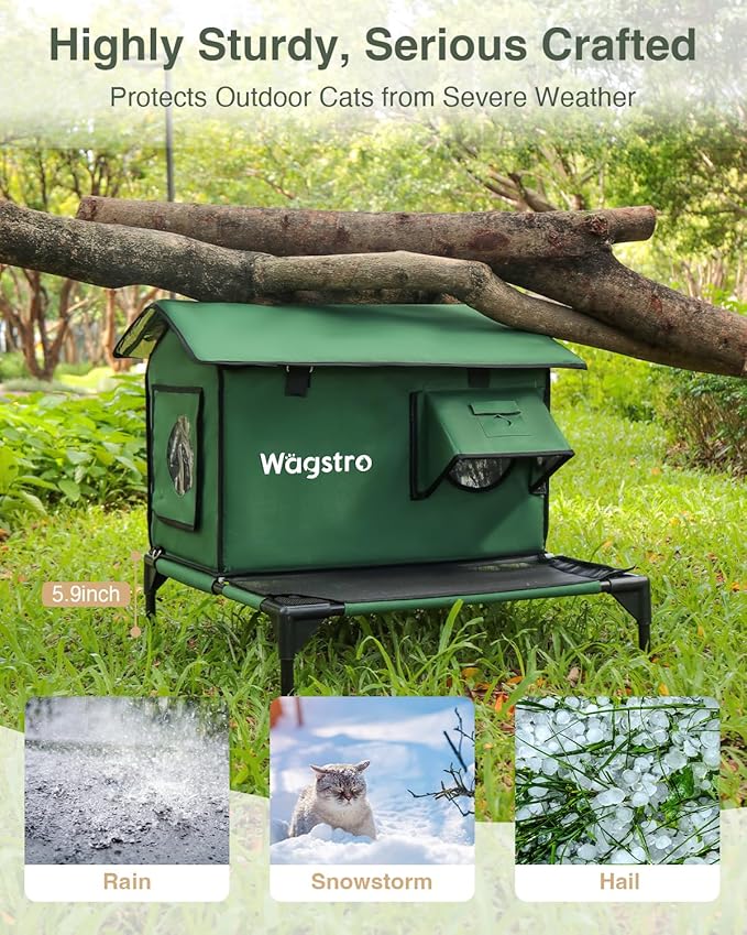 Large Heated Cat House for Outside with Dampless Deck, Highly Elevated, Exit-Only Door, Waterproof Insulated Outdoor Cat Shelter for Feral Stray Barn Cat