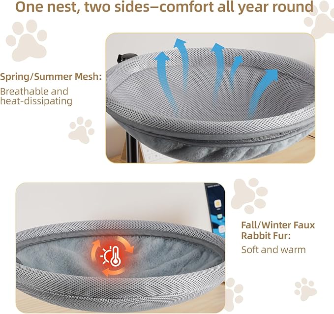 Cat Desk Bed, 360° Rotating Height-Adjustable Cat Hammock Desk, Home Office Pet Bed with Removable Washable Double-Sided Faux Rabbit Fur Mesh Pet Nest Bed
