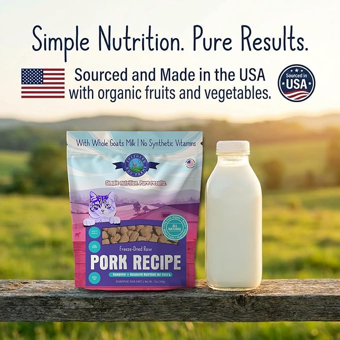 Shepherd Boy Farms Freeze-Dried Pork Cat Food – High-Protein, Grain-Free, Made with Organic Ingredients & Goat’s Milk (12oz)
