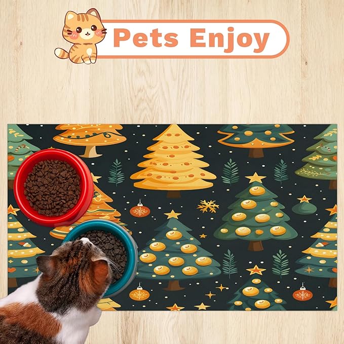 Christmas Trees Dog Food Mat for Floors Absorbent, Quick Dry Water Dispenser Mat for Food, Water, Pet Supplies 24" x 32", Xmas Tree