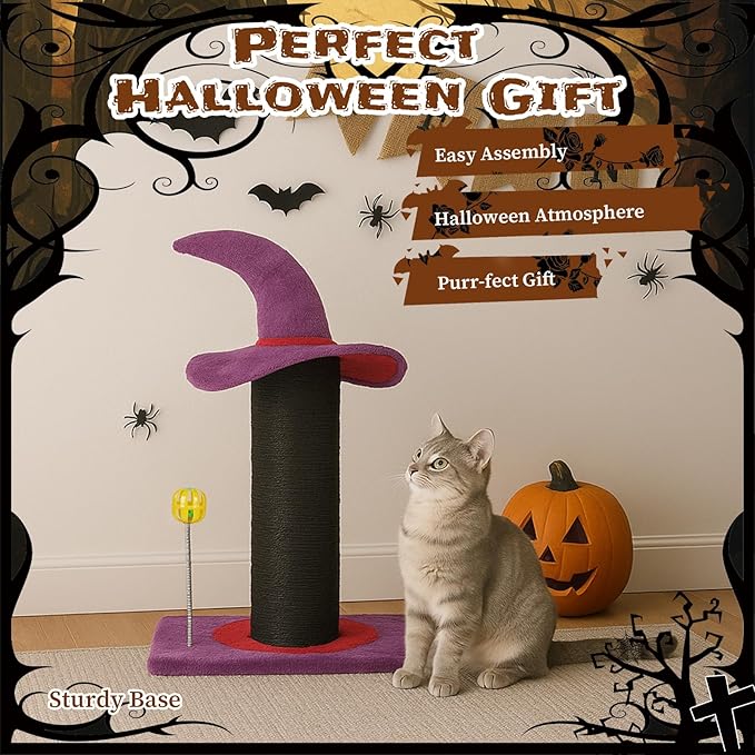 Wizard Hat Cat Scratching Post with Spring Ball Toy for Indoor Cats, Halloween Spooky Cat Scratcher, Purple(40 * 30 * 60cm)