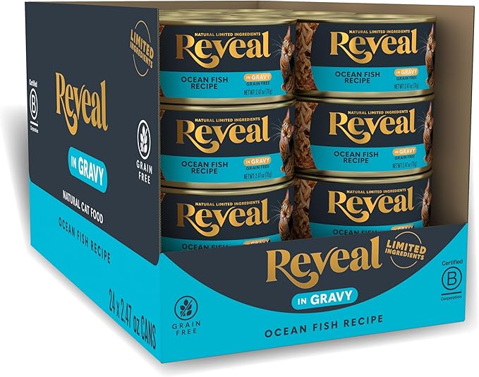 Reveal Natural Wet Canned Cat Foody, Limited and Natural Ingredients, Grain Free, High Protein with No Artificial Additives, Ocean Fish in Gravy (24 x 2.47 oz Cans)