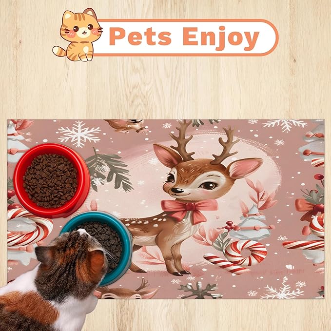 Christmas Deer Dog Food Mat for Floors Absorbent, Quick Dry Water Dispenser Mat for Food, Water, Pet Supplies 16" x 24", Cute Animal