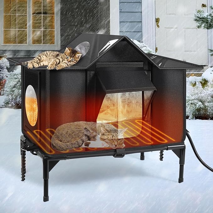 Heated Outdoor Cat House Weatherproof with Heating Pad, Insulated Feral Cat Houses for Outdoor Cats, Safe Escape Door, Heated Cats House for Outside, Outside Stray Cats Shelter with Elevated Base(M)