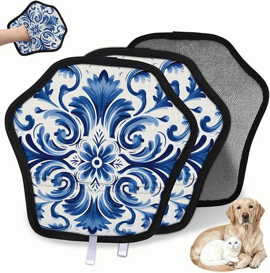Blue Floral Print Electrostatic Pet Hair Removal Glove for Cats & Dogs - Reusable Grooming Mitt for Couch, Carpet, Car Seat & Laundry - Large 9x9 Inch