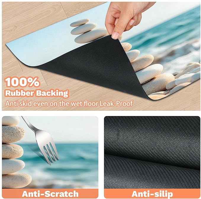 Stone Dog Food Mat for Floors Absorbent, Quick Dry Water Dispenser Mat for Food, Water, Pet Supplies 16" x 24", Beach Ocean