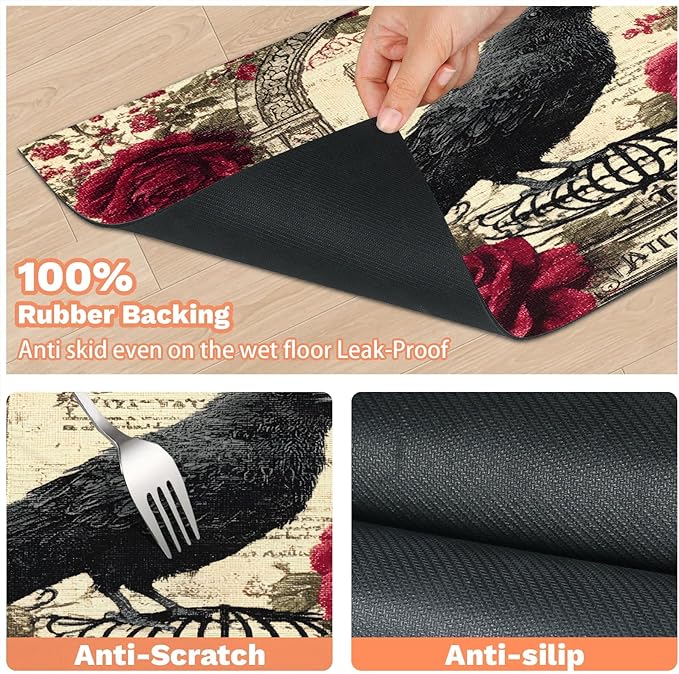 Halloween Raven Dog Food Mat for Floors Absorbent, Quick Dry Water Dispenser Mat for Food, Water, Pet Supplies 16" x 24", Vintage Flower