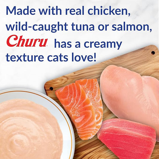 INABA Churu Cat Treats, Lickable, Squeezable Creamy Purée Cat Treat with Green Tea Extract & Taurine, 0.5oz. Each Tube, 20 Tubes, Chicken & Seafood Variety