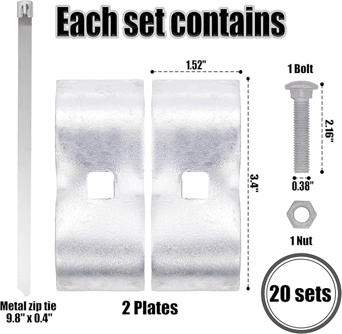 Mabeeze Dog Kennel Panel Clamps for 1-3/8" Pipes - 20 sets Pack - Galvanized Steel Connectors - Chain Link Fence Clamps for Panel Frame, Runs, Coops, Cages - Includes 20 Metal Zip Ties