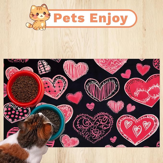 Valentines Day Dog Food Mat for Floors Absorbent, Quick Dry Water Dispenser Mat for Food, Water, Pet Supplies 24" x 32", Pink Love Heart