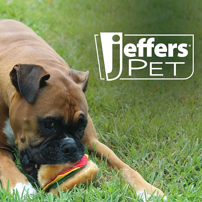 Jeffers Pet Plush American Grill Time Cuisine Dog Toys – 4.5" Squeaky Hamburger Plush Toys for Dogs – Chew, Cuddle, Interactive Play, Soft Durable Fabric, Puppy Gift, Christmas Stocking Stuffer