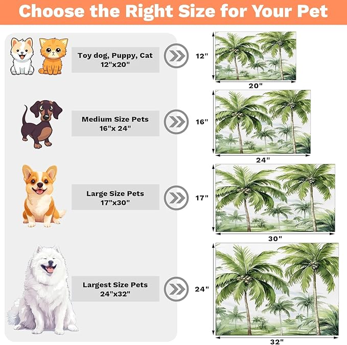 Palm Tree Dog Food Mat for Floors Absorbent, Quick Dry Water Dispenser Mat for Food, Water, Pet Supplies 16" x 24", Tropical Trees