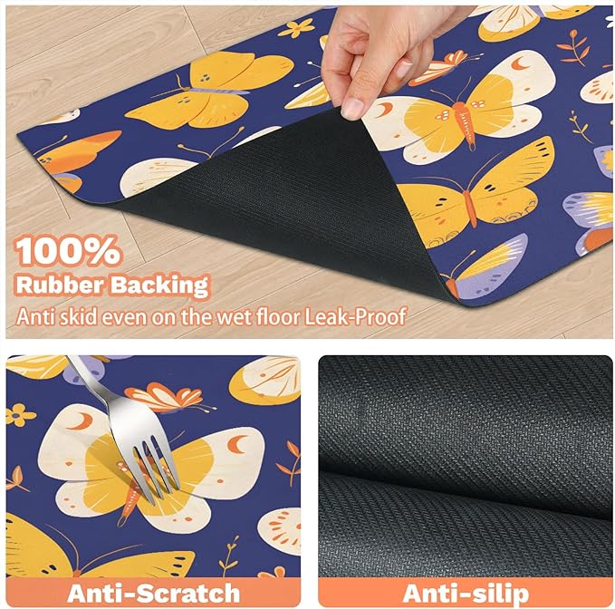 Flower Butterfly Dog Food Mat for Floors Absorbent, Quick Dry Water Dispenser Mat for Food, Water, Pet Supplies 12" x 20", Watercolor Animals