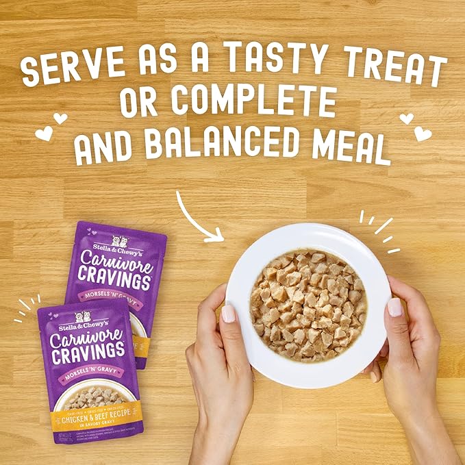 Stella & Chewy's Carnivore Cravings Wet Cat Food Pouches - Premium Chicken & Beef Recipe - Grain-Free Morsels & Gravy - Perfect for Picky Eaters - Complete Meal or Topper - 2.8oz, 24-Pack