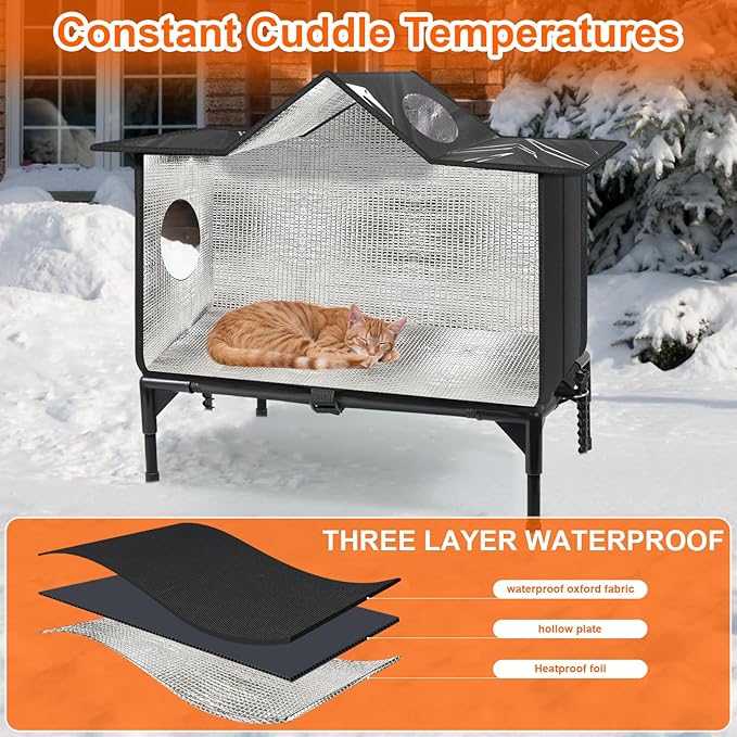 Outdoor Cat House, Weatherproof Insulated Feral Cat Houses for Outdoor Cats, Safe Escape Door, Cat House for Outside, Out Door Stray Cat Shelter with Elevated Base, Cat Houses & Condos(Large)