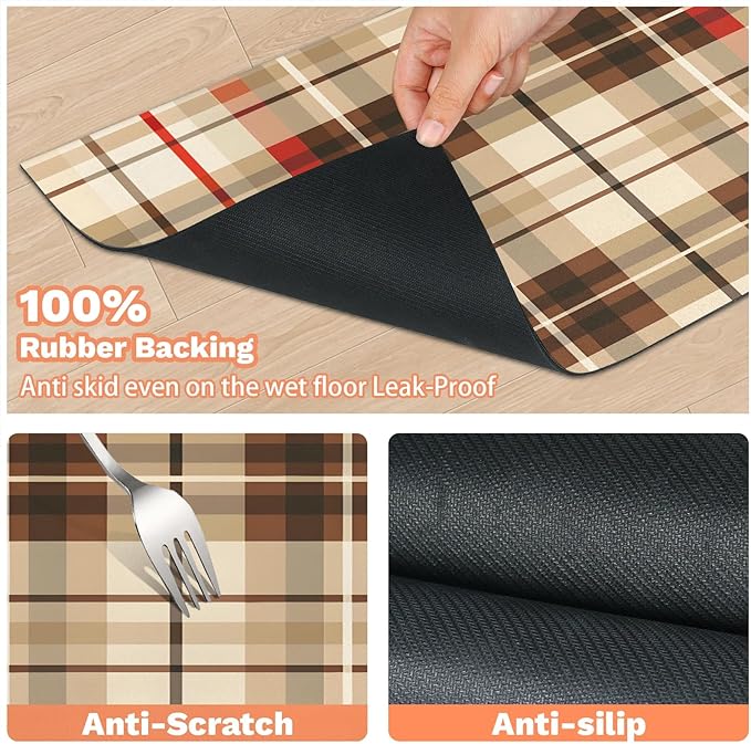 Plaid Dog Food Mat for Floors Absorbent, Quick Dry Water Dispenser Mat for Food, Water, Pet Supplies 16" x 24", Checkered Linen