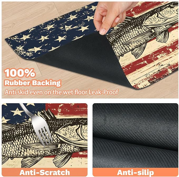 Vintage American Flag Dog Food Mat for Floors Absorbent Dog Bowl Mat for Food and Water Dispenser Quick Dry Cat Food Placemat Pet Supplies 12" x 20", Bass Fish