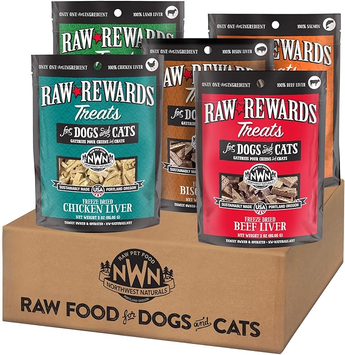 Northwest Naturals Freeze-Dried Raw Rewards Variety Pack - Dogs & Cats - Salmon (2.5 Oz), Beef, Bison, Chicken, Lamb Livers - Healthy, 1 Ingredient, Natural, Proudly Made in USA 3 Oz (Pack of 5)