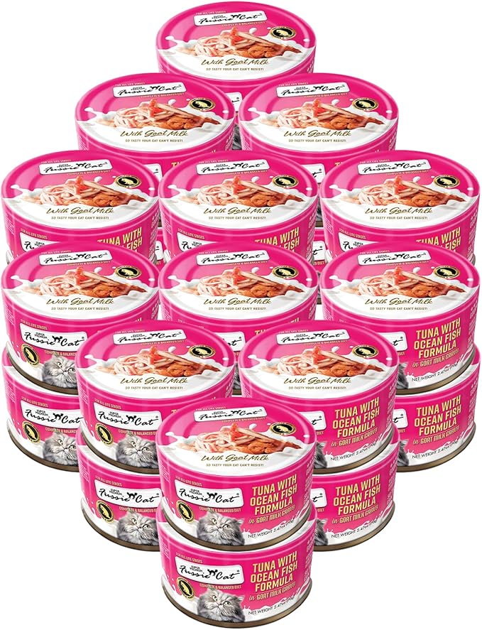Fussie Cat Premium Canned Wet Cat Food in Goat Milk Gravy - 2.47 oz Cans - Case of 24 Cans (Tuna & Oceanfish)