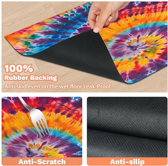 Colorful Tie dye Dog Food Mat for Floors Absorbent, Quick Dry Water Dispenser Mat for Food, Water, Pet Supplies 12" x 20", Abstract Rainbow