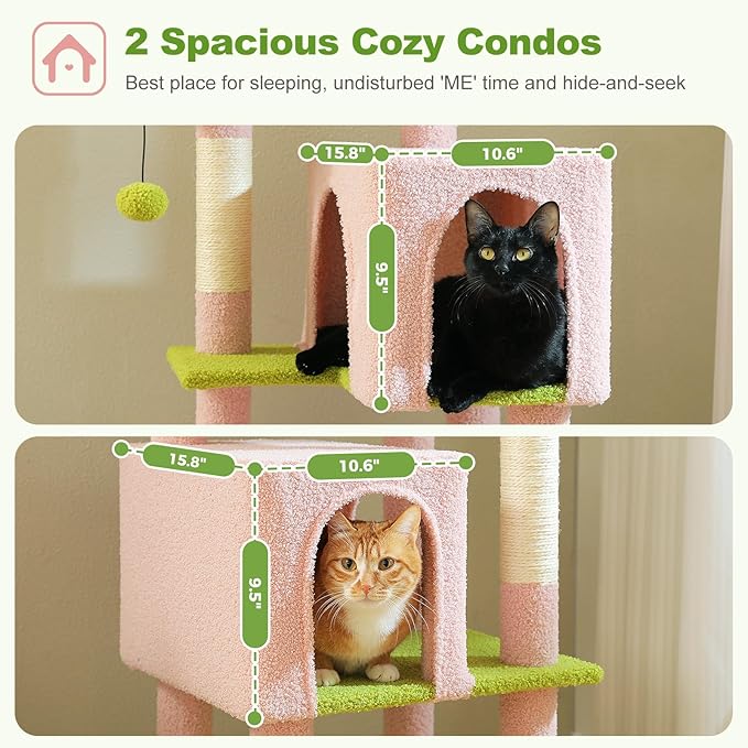 62" Flower Cat Tree for Indoor Cats, Multi-Level Tall Cat Tower with 2 Spacious Condos, Scratching Pad, 4 Cat Scratching Posts, 2 Top Perches, 2 Pompoms, Pink